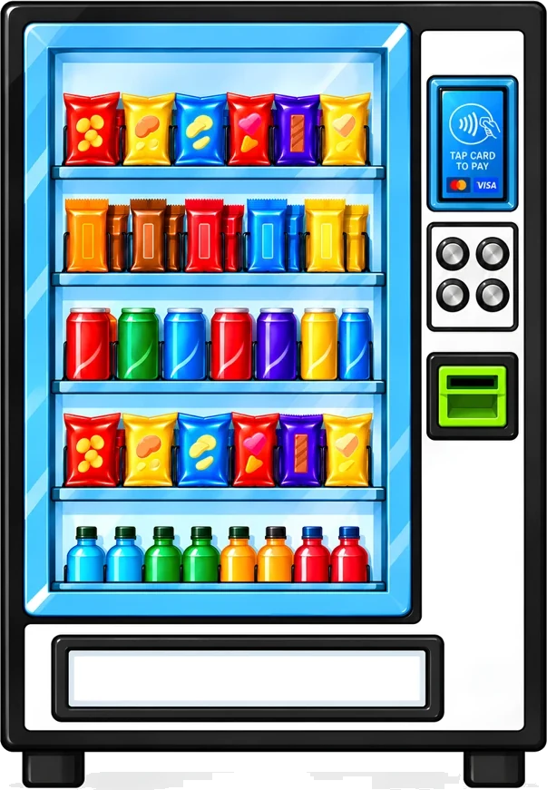 A GlassFront vending machine, stocked with snacks and drinks